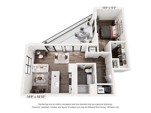 a 1 bedroom floorplan is shown with a kitchen and living room